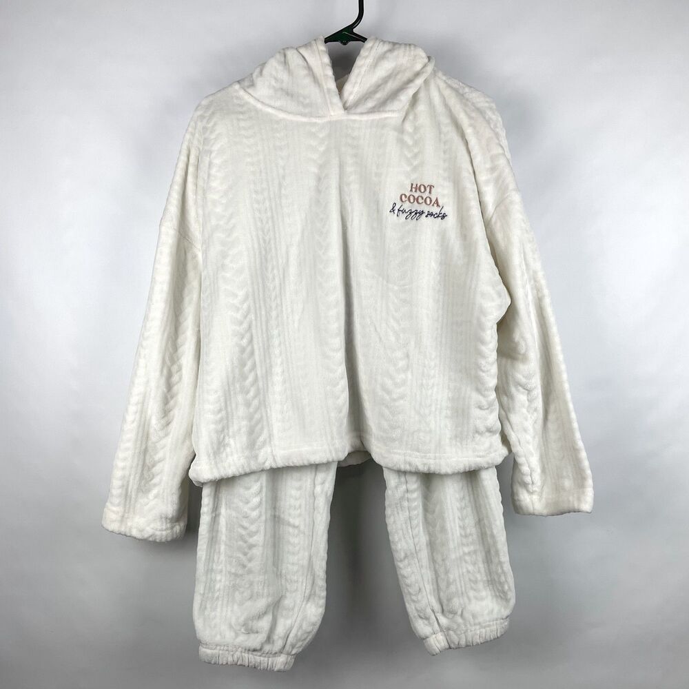 Joyspun Women's L 12-14 Plush Cable Knit Hoodie and Joggers 2-Piece Pajama Set